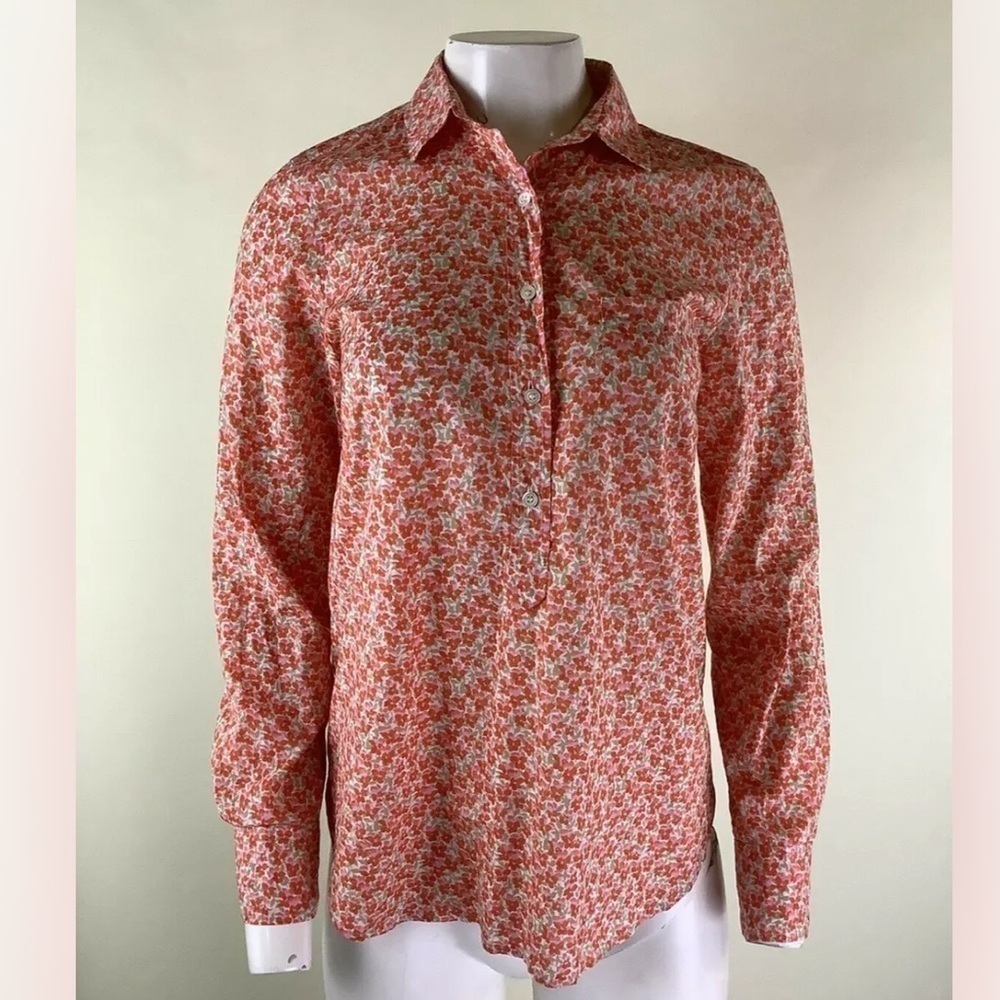 J Crew Sz 2 Flower Patch Print Popover Top Orange Pink 100% Cotton